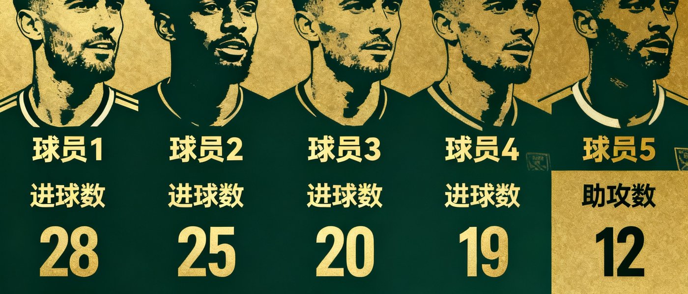 一张数据可视化图表，展示英超联赛2024/25赛季射手榜前五名球员的头像剪影、进球数和助攻数，图表使用金色和深绿色配色，数据清晰标注